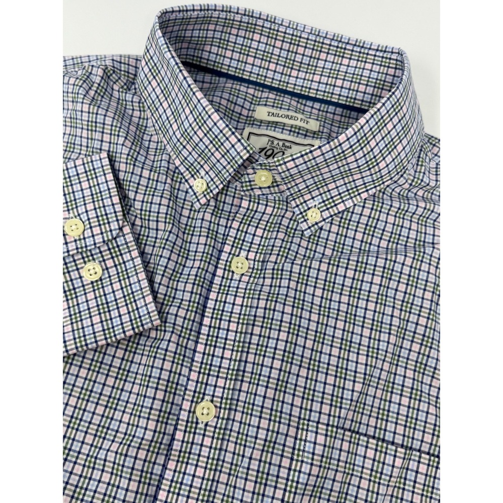 Jos A Bank 1905 Dress Shirt Mens Sz XL Blue Pink Plaid Tailored Fit Button Up B8